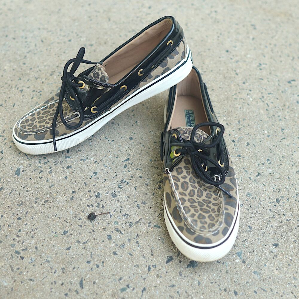Sperry Top-Sider Biscayne Leopard Boat Shoes 8M Black Patent Leather Canvas